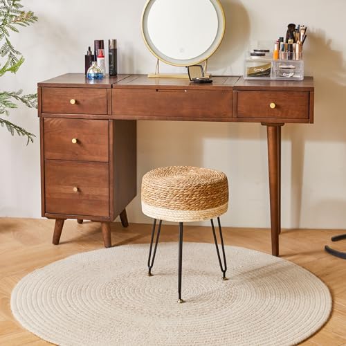 YMYNY Pouf Ottoman, Handmade Natural Water Hyacinth, Pastoral Style Footrest, Footstool with 4 Metal Legs Round Vanity Stool for Bedroom, Hallway, Living Room 12.59"L×12.59"W×17.71"H White UHBD029W - color: White