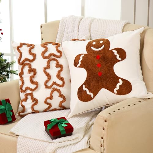 Pickmesh Christmas Throw Pillow Covers 18x18 inch Set of 2 Christmas Gingerbread Man Pillows Case Xmas Cushion Cases Square Tufted Soft Cover for Living Room Bed Couch Sofa Car Home (Dark Brown) - color: Dark Brown