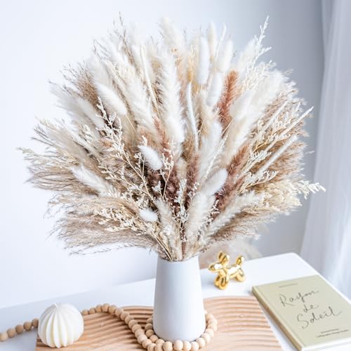 96PCS Natural Dried Pampas Grass Boho Home Decor Bouquet Phragmites Dried Flowers Bouquet for Wedding Floral Arrangements Living Room Decorations (96PCS) - size: 96 Pcs