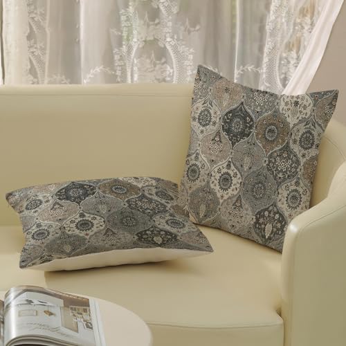 Black Grey Boho Pillow Covers 16x16 Inch 2 Pcs Vintage Gray Carpet Pattern Bohemia Decor Throw Pillows Retro Brown Outdoor Farmhouse Decoration Pillowcase Linen Cushion Cover for Couch Sofa Bed - color: Black Grey Brown Boho, size: 16" x 16" (Pack of 2)