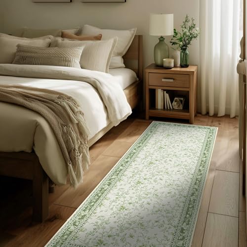 Sage Green Runner Rug 2x6 for Hallways, Non-Slip Washable Kitchen Runner Vintage Boho Farmhouse Floral Sketch Printed Rug Floor Carpet for Laundry Bedroom Entryway Green Cream Beige Flower Design - color: Sketch Floral Sage Green, size: 2' x 6' (Rectangul