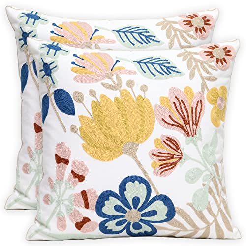Pack of 2 Embroidered Decorative Throw Pillow Cover 18x18 Inch Farmhouse Floral Pillowcase for Living Room Sofa Bed (Floral) - color: Floral