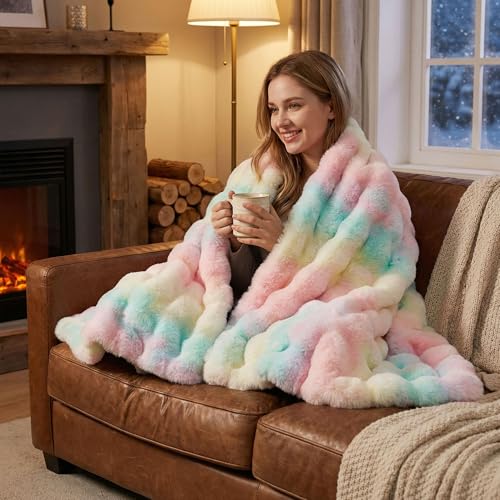 JONIYEAR Decorative Colorful Bubble Faux Rabbit Fur Throw Blanket 50" x 60", Thick Pastel Textured Warm Fluffy Blanket for Winter,Luxury Shag Cute Cozy Fuzzy Furry Lap Blankets for Couch Women,Rainbow - color: Colorful Rainbow - 900gsm, size: Travel/Throw