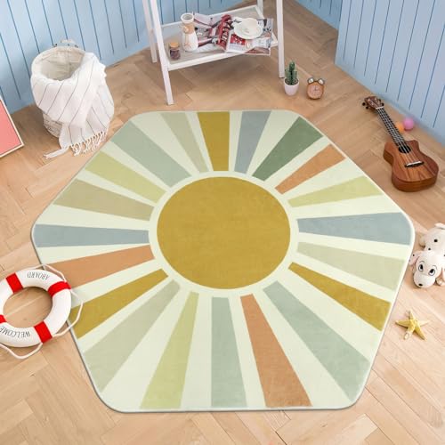 STARUIA Boho Washable Rug for Kids Play Room, 4'x 4'7" Hexagon Tent Colorful Sun Nursery Corner Rugs for Girls Boys, Ultra Soft Non-Slip Sunshine Carpet Play Rug for Princess Room Decor Classroom - color: Monet, size: 4'x4'7"
