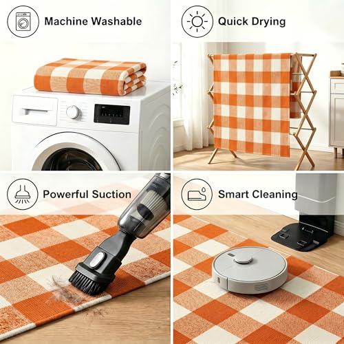 MUBIN Cotton Buffalo Plaid Rug, 3' x 5' Orange White Outdoor Rug Front Door Decorative Mat, Washable Halloween Doormat Foldable Area Rug Layered Door Mats Rug for Front Porch, Entryway, Patio - color: Orange White Plaid, size: 3' x 5' (Rectangular)