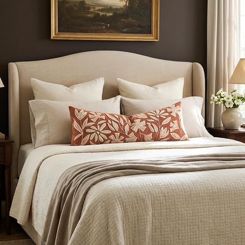 BlissBlush Long Lumbar Pillow Cover 14x36 for Bed, Rust Terracotta Floral Tufted Velvet Accent Oversize Throw Pillowcase for Bedroom, Cover Only - color: Orange Terracotta, size: 36" x 14" (Pack of 1)