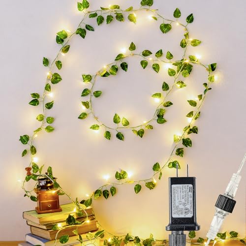 HEYFUNi Vines with Lights, 23 Ft 73 Led Faux Pothos String Lights Plug in, Leaf Lights for Bedroom, Wall, Balcony, Wedding Decor, Warm White - color: Pothos, size: 73 LED-Plug in