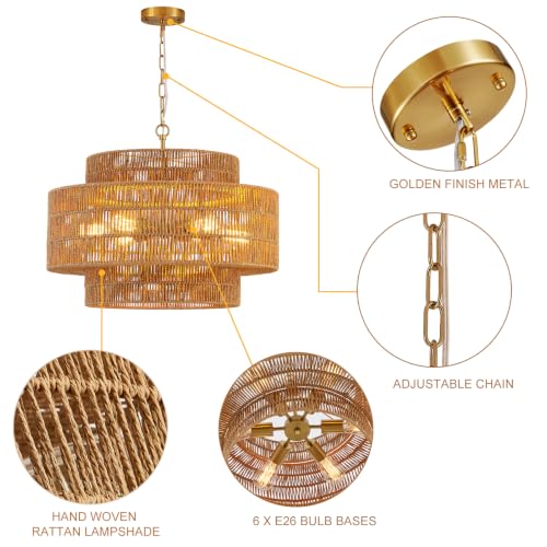 31" Large Gold Rattan Chandelier, 8-Light Hand-Woven 3-Tier Drum Wicker Light Fixture, Boho Vintage Farmhouse Pendant for Dining Room Kitchen Living Room Bedroom Foyer - color: gold 30.5"