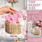 Small Flower Girl Basket Set of 2 - Lightweight Boho Small Wicker Basket with Handle, Pearl Detail, Bows & Waterproof Lining - Summer Wedding, Bridal Shower, Petal Toss, Bridesmaid Gifts & Home Decor - color: Brown Pearl Handle