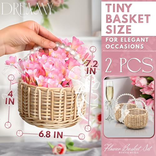 Small Flower Girl Basket Set of 2 - Lightweight Boho Small Wicker Basket with Handle, Pearl Detail, Bows & Waterproof Lining - Summer Wedding, Bridal Shower, Petal Toss, Bridesmaid Gifts & Home Decor - color: Brown Pearl Handle