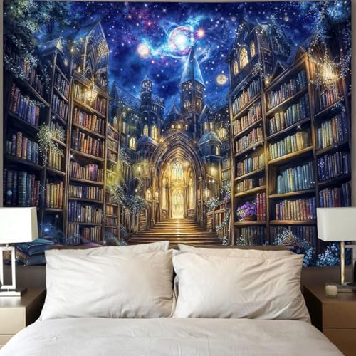 Accnicc Fantasy Bookshelf Tapestry Space Library Tapestries Wall Hanging Gothic Galaxy Castle Magic Book Extra Large Tapestry for Bedroom Living Room Dorm Classroom 90 x 68 inch - color: Blue Yellow, size: 90"L x 68"W