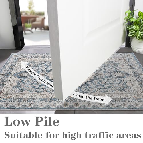 Foxmas Small Rugs for Entryway 2x3 Feet, Non-Slip Doormat Indoor Entrance Vintage Washable Area Rug, Low Pile Throw Rugs for Entryway Bedroom Kitchen Living Room, Blue - color: Blue, size: 2' X 3' (Rectangular)