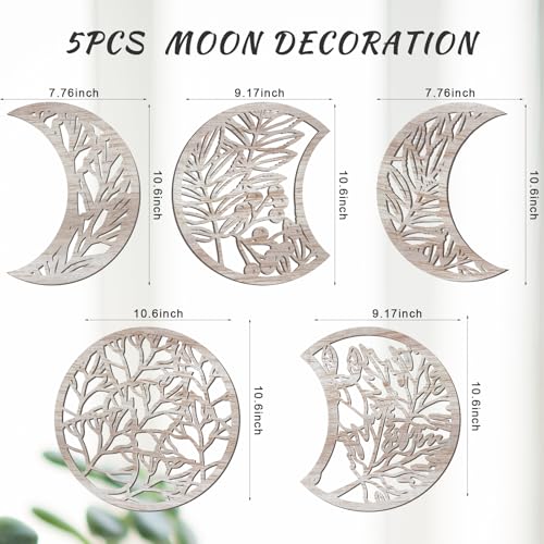 Jetec 5 Pcs Moon Phase Wall Art Decor Wall Pediments Hanging Wooden Phase Spiritual Bedroom Nordic Boho Lunar Aesthetic Art for Living Room Dorm Apartment Ornament(Vintage Color,10.6 Inch,Botanical) - color: Vintage Color, size: 10.6 Inch