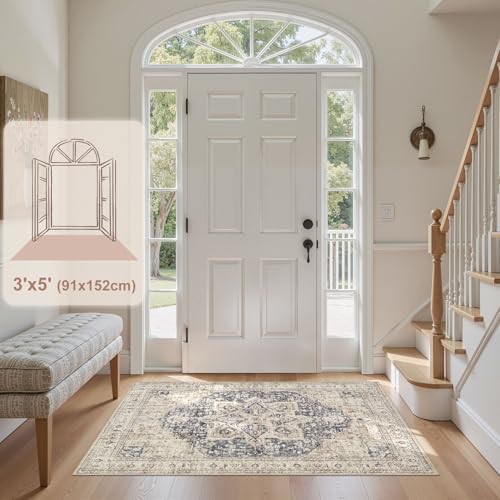 Tortania Area Rug Living Room Rugs - 3x5 Washable Rug Vintage Oriental Distressed Farmhouse Small Thin Indoor Carpet for Living Room Bedroom Under Dining Table Home Office - Cream Blue - color: Cream/Blue, size: 3' x 5' (Rectangular)