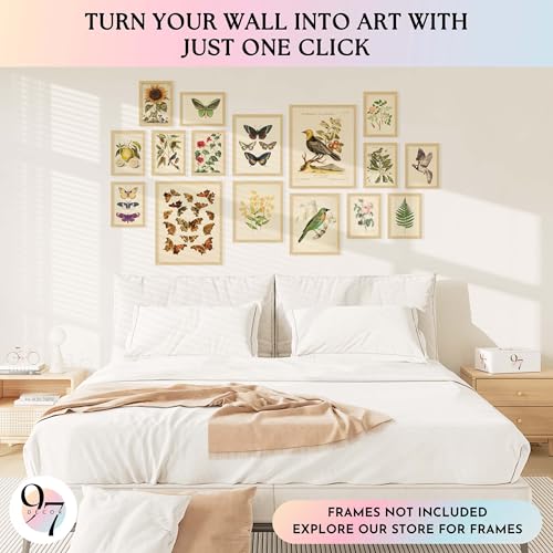 97 Decor LARGE 11x14 Vintage Botanical Wall Art Decor - Plant Posters For Room Aesthetic, Vintage Botanical Prints Nature Floral Pictures Butterfly Bird Art For Home Bedroom (Unframed) - size: UNFRAMED
