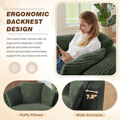 48"W Oversized Round Chaise Longue Chair Indoor,Corduroy Fluffy Comfy Cloud Chair,Circle Bean Bag Sofa with Foam Filling & Pillows,Boneless Reading Cozy Sofa Chairs for Living Room,Bedroom,Green - color: Green