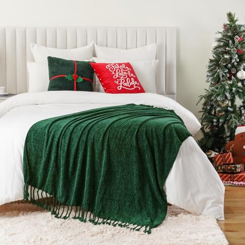BATTILO HOME Christmas Green Chenille Throw Blanket, Soft Cozy Knit Blanket with Fringe Tassels, Lightweight Holiday Farmhouse Decor for Couch Sofa Bed Chair, 50"x60" - color: Christmas Green