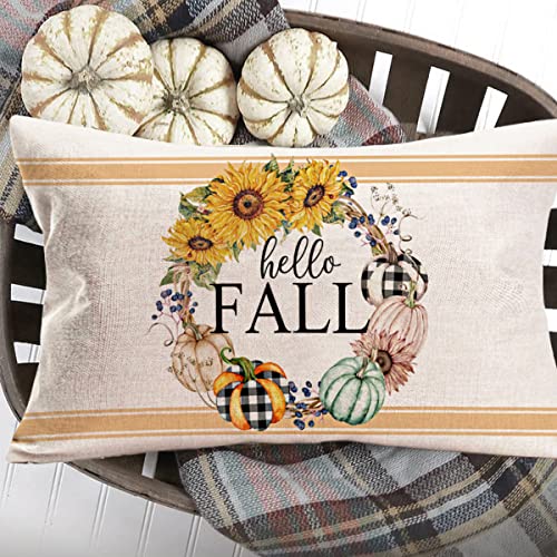 Hello Fall Pumpkin Pillow Covers 12x20 Inch Autumn Harvest Sunflowers Buffalo Check Orange Pumpkin Throw Lumbar Pillow Cover Thanksgiving Day Farmhouse Decorations Cushion Case - color: Hello Fall Pumpkin Sunflower
