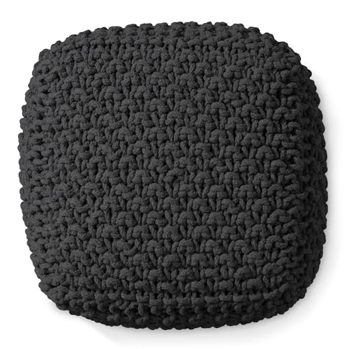 Casafield Square Pouf Ottoman, Black - 18.5" W x 18.5" D x 14.5" H Cotton Knit Foot Stool - Boho Floor Pouffe for Living Room, Bedroom, Home Office - color: Black, size: 18.5"D x 18.5"W x 14.5"H