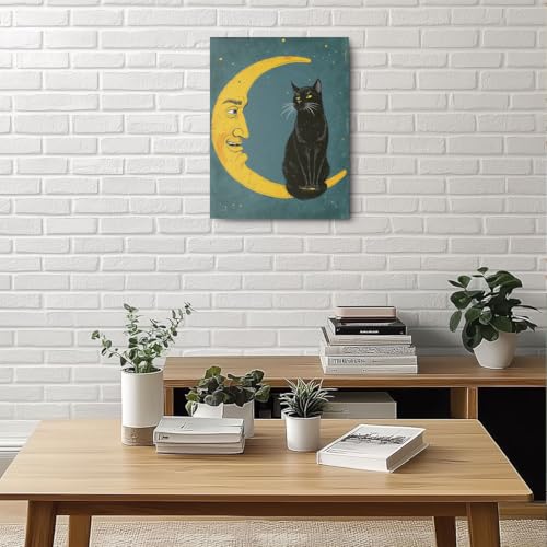 Vintage Cat Sitting on Moon Canvas Wall Art, Cat Aesthetic Framed Art Paintings Wall Decor Cats Lover Prints Picture for Living Room Dining Room Bedroom Farmhouse Decor 11.5x15 Inch - color: Multi 1392