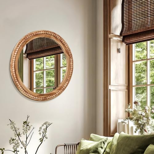 ULIKE Round Wood Mirror with Natural Wooden Bead Frame, 30 Inch Rustic Farmhouse Wall Mirror for Bathroom Nursery Bedroom Living Room Brown, Brown - color: Brown Round, size: 30"L x 30"W