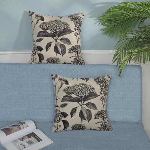 Black Pillow Covers 16x16 Inch 2 Pcs Boho Vintage Floral Decor Throw Pillows Hydrangea Flower Seasonal Outdoor Farmhouse Neutral Accent Decoration Pillowcase Linen Cushion Cover for Couch - color: Boho Black Hydrangea, size: 16" x 16" (Pack of 2)