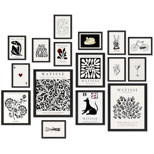 ANERZA 16 PCS Framed Black and White Wall Art Decor, Matisse Abstract Wall Prints for Bedroom, Gallery Wall Frame Set, Minimalist Posters for Living Room Aesthetic, Collage Kit, Dorm Home Artwork - color: Black&White, size: 12"x15" Framed
