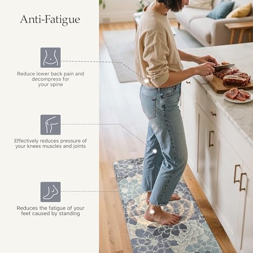 GENIMO Kitchen Mats for Floor, Kitchen Rugs Non Slip Washable Sets of 2, Waterproof Cushioned Anti Fatigue Mat, Floral Runner Rug for Laundry, Sink, Office, Home, 17.3"x47"+17.3"x30", NavyBlue - color: Navy Blue, size: 17.3"x47"+17.3"x30"