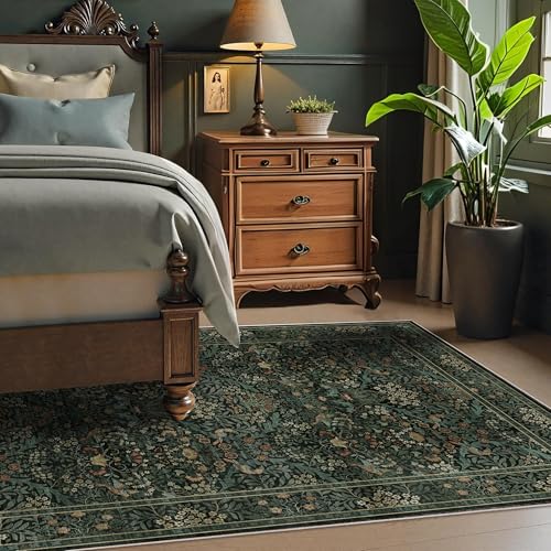 3x5 Floral Washable Area Rug for Living Room, Vintage Boho Rug for Bedroom Dining Room， Distressed Botanical Birds Non Slip Low Pile Forest Animal Throw Carpet for Farmhouse Office, Dark Green - color: Dark Green, size: 3' x 5' (Rectangular)