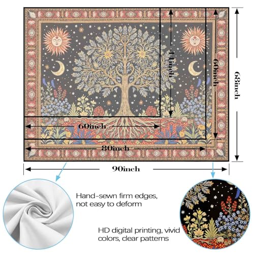 Lunerfex Tree of Life Wall Tapestry - Celestial Sun & Moon Wall Hanging for Bedroom and Living Room Decor - Boho Starry Night Tapestries 60"x44" - color: Black Orange, size: 60"L x 44"W