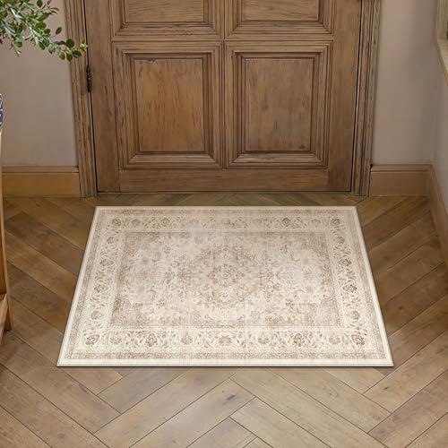 2x3 Beige Washable Vintage Runner Rug for Living Room Bedroom Soft Tranditional Non Slip Thin Throw Rug Lightweight Floral Low Pile Distressed Carpet Doormat Kitchen Entrance Hallway Laundry - color: Vintage | Beige, size: 2'x3'