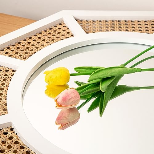 24" Large Rattan Wall Mirror Decoraive Boho Wall Decor Large Rattans Mirror Natural Woven Rattan Mirrors for Farmhouse,Living Room,Bedroom,Bathroom,White Frame