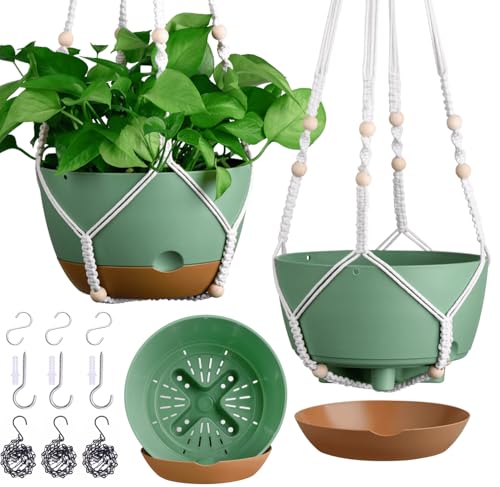 3 Pack 8/10/12 Inch Hanging Planters for Indoor Plants with Self-Watering Includes Hanging Pots for Plants, Outdoor Hanging Flower Pots with Drainage, and 2 Types of Hanging Baskets Hangers (Green) - color: Green, size: 8/10/12inch