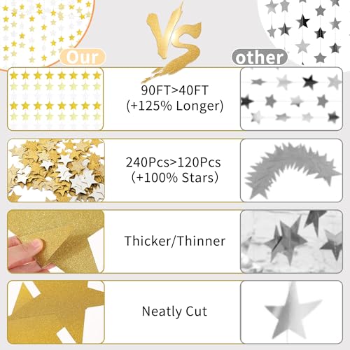 Glitter Gold, Light Gold & White Iridescent Star Garland 90FT, 240pcs Hanging Glitter Star Banner Backdrop for Birthday, Baby Shower, Wedding & Christmas Party Decorations (6 Packs) - color: Glitter Gold & Glitter Light Gold & White