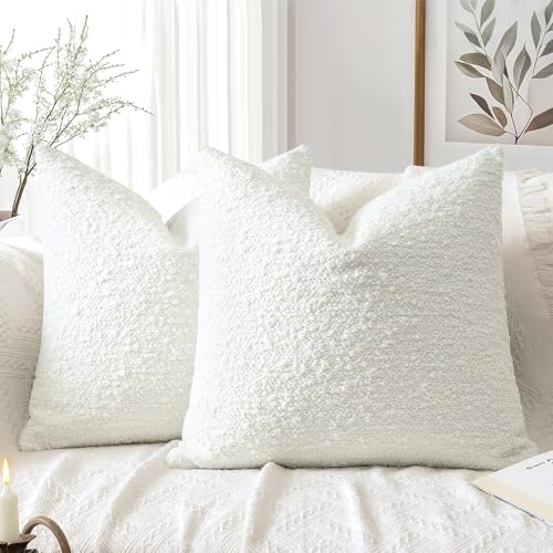 Artscope Throw Pillow Cover 20x20 Inch Set of 2 Super Thick Pillow Cover Decorative Boucle Textured Morden Neutral Italian Style Pillowcase for Bedroom Living Room Couch Sofa Home Décor-Beige+White - color: Beige+white, size: 20" x 20" (Pack of 2)