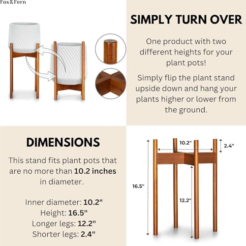 Fox & Fern Mid Century Tall Plant Stand — 10 Inch Fixed Size Raised Wooden Plant Stand for Indoor Planters (Not Included); Modern Flower Pot Holder with Plug In Design; Easy to Assemble - Acacia - color: Acacia Tall, size: 10 Inch - Fixed
