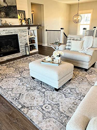 Hauteloom Kismet Boho Vintage Traditional Damask Area Rug - Farmhouse Traditional Floral Medallion Carpet for Living Room, Bedroom, Dining Room - Black, Tan, Gray, Brown, Beige 6'7" x 9' (6x9) - color: Beige, Black, Charcoal / Minoa, size: 6'7" x 9' (Rect