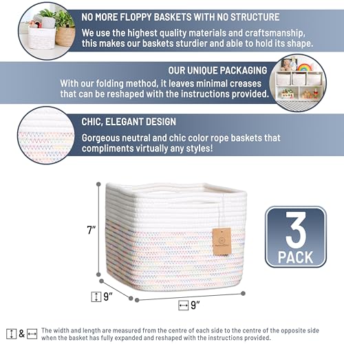 NaturalCozy Storage Cubes 9”x9”x7”Cotton Rope Woven Baskets for Organizing 3-Pack | 9 Inch Cube Storage Bin | Small Basket for Shelf Nursery, Pantry, Decorative Plant, Bathroom Closet, Toy Gift - color: Off White & Rainbow Stitching