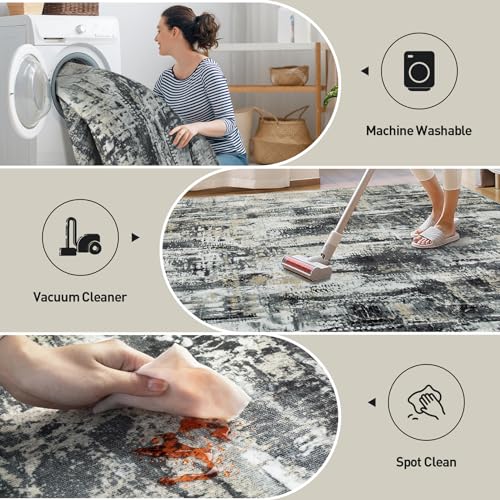 8x10 Area Rugs Washable Rug: Large Modern Abstract Living Room Rug Soft Anti-Skid Thin Carpet Indoor Floor Non-Shedding Carpets for Bedroom Dining Farmhouse Nursery Home Office Black Grey Gold - color: Black Grey/Gold, size: 8' x 10' (Rectangular)
