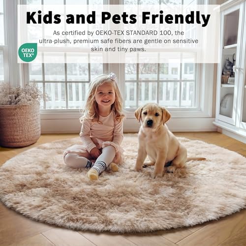 ONASAR Tie-Dye Beige Round Area Rug 4ft, Soft Bedroom Circle Rugs Floor Mats for Kids Girls Teen Room, Kawaii Fluffy Plush Shaggy Carpet for Baby Nursery Living Room Playroom Home Decor - color: Tie-dyed Light Beige, size: 4' (Round)