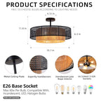 19.7" Black Bohemian Wicker Flush Mount Ceiling Light, Hand-Woven Double Layer Drum Semi-Flush Fixture for Bedroom, Living Room, Dining Room, Hallway & Kitchen - color: 19.7'' Rattan&Hemp rope Black