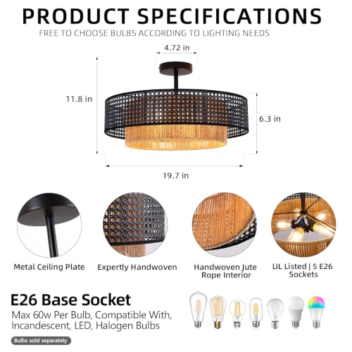 19.7" Black Bohemian Wicker Flush Mount Ceiling Light, Hand-Woven Double Layer Drum Semi-Flush Fixture for Bedroom, Living Room, Dining Room, Hallway & Kitchen - color: 19.7'' Rattan&Hemp rope Black