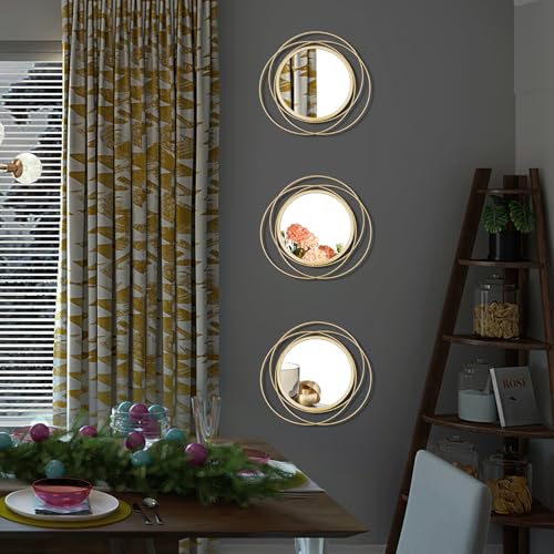 3 Set Round Mirrors for Wall Decor Living Room Bedroom Bathroom Dining Room Metal Circle Mirror Set Boho Decorative Sunburst Wall Art Accent Entryway - Gold 9.5 in - color: 3 Set Gold Circles, size: 9.5 in