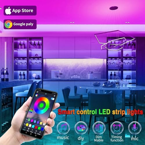 Tenmiro 50ft Led Strip Lights, Tenmiro Smart Led Lights Strip Music Sync Color Changing Lights App Control and 23keys Remote, Led Lights for Bedroom Party Home Decoration - size: RGB 50FT