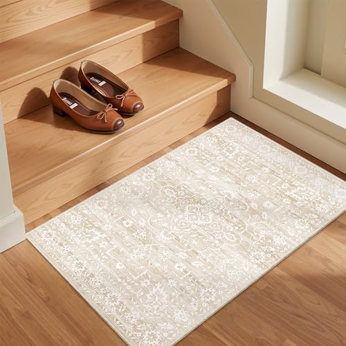 Soalmost 2x3 Area Rugs for Entryway,Washable Vintage Low Pile Non-Slip Throw Area Rugs, Accent Rug Floral Print Indoor Mat for Bedside Living Room Kitchen Bedroom (Beige,2'x3') - color: Beige, size: 2' x 3' (Rectangular)