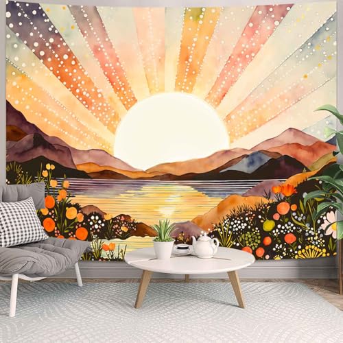 Lunerfex Sunburst Watercolor Tapestry - Landscape Wall Hanging with Mountains and Lake - Boho Aesthetic Decor Tapestries 60"x44" - color: Bright Orange, size: 60"L x 44"W