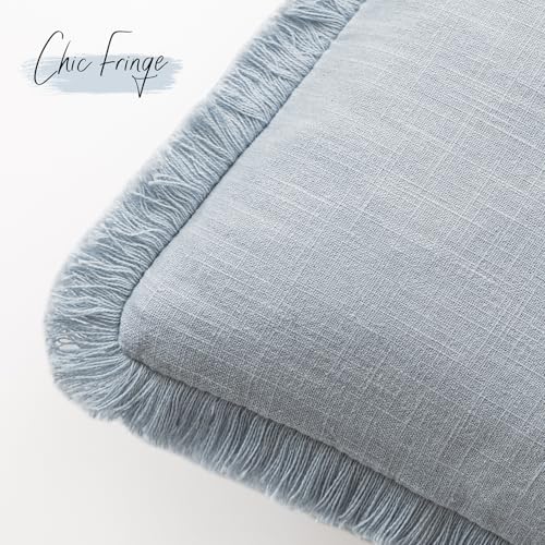 Foindtower Decorative Linen Fringe Throw Pillow Covers Cozy Boho Farmhouse Cushion Cover with Tassels Soft Accent Pillowcase for Chair Sofa Bed Living Room Home Decor, 16×16 Inch,1PC,Sky Blue - color: Sky, size: 16" x 16" (Pack of 1)