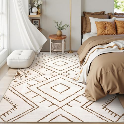 LIVEBOX Western 5x7 Area Rug, Beige Washable Rugs for Living Room Bedroom, Non Slip Moroccan Tribal Rug Low Pile Geometric Soft Boho Area Rugs Diamond Carpet for Dining Room, Nursery Room, Playroom - color: Beige/Brown, size: 5‘ x 7'
