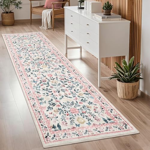 GarveeHome Washable Runner Rug 2.5 x 8 Non-Slip Non-Shedding Soft Vintage Bedside Low Pile Farmhouse Floral Carpet, Indoor Foldable Printed Entryway Rug for Hallway Kitchen, Pink - color: Pink, size: 2'6" x 8' (Rectangular)