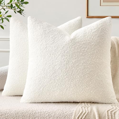 EMEMA Pack of 2, 20 x 20 Inch, Textured Boucle Throw Pillow Covers Cozy Soft Accent Solid Cushion Cases Decorative White Pillowcases for Couch Sofa Chair Bedroom Living Room Home Decor - color: White, size: 20" x 20" (Pack of 2)